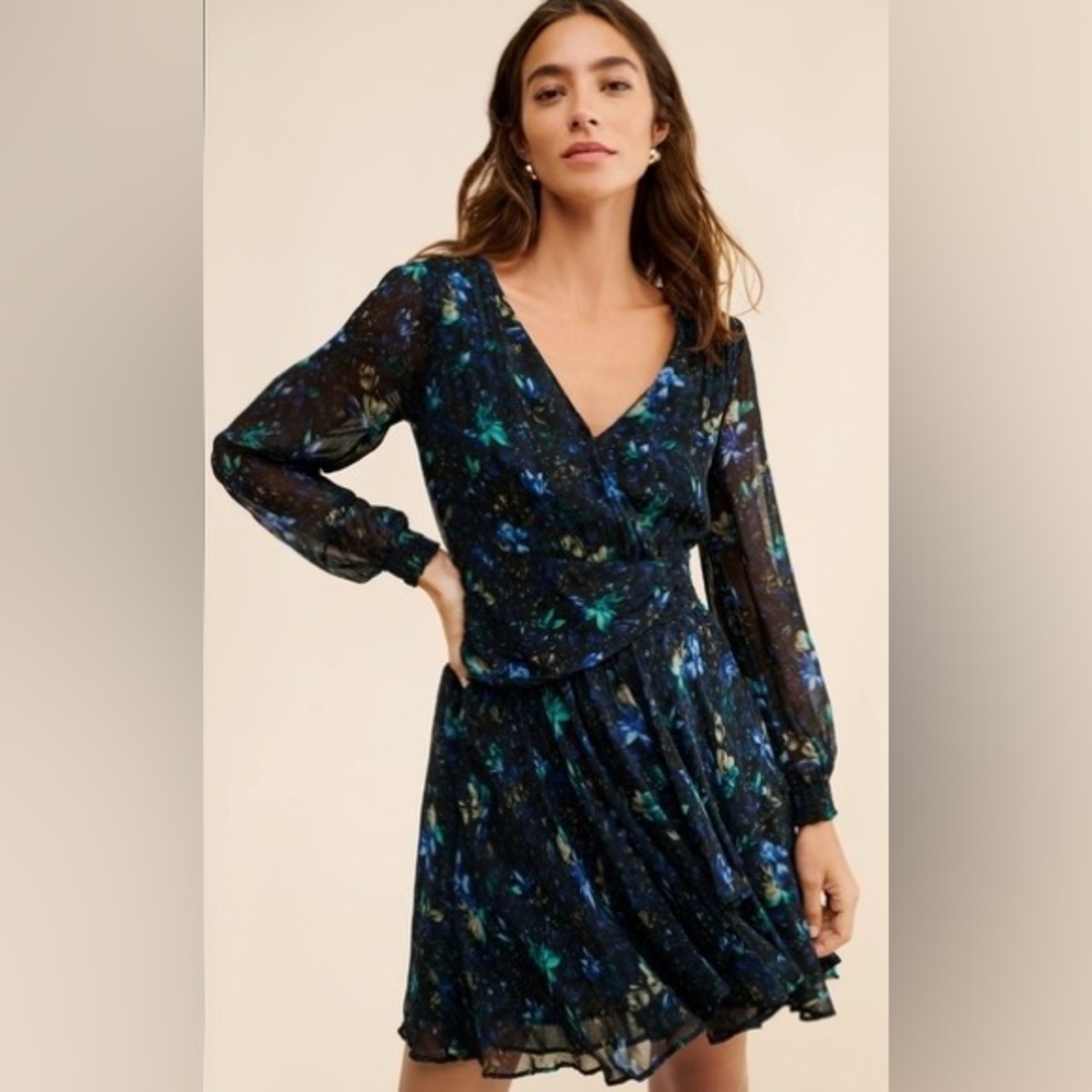Anthropologie Blue Floral Long Sleeve V Neck Ruched Flowy Mini Boho Dress - Picture 13 of 14